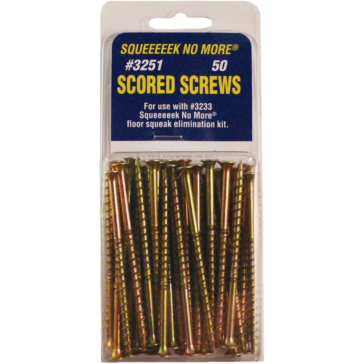 Package of 50 scored screws for floor squeak repair, part of hardware and fasteners for home improvement projects