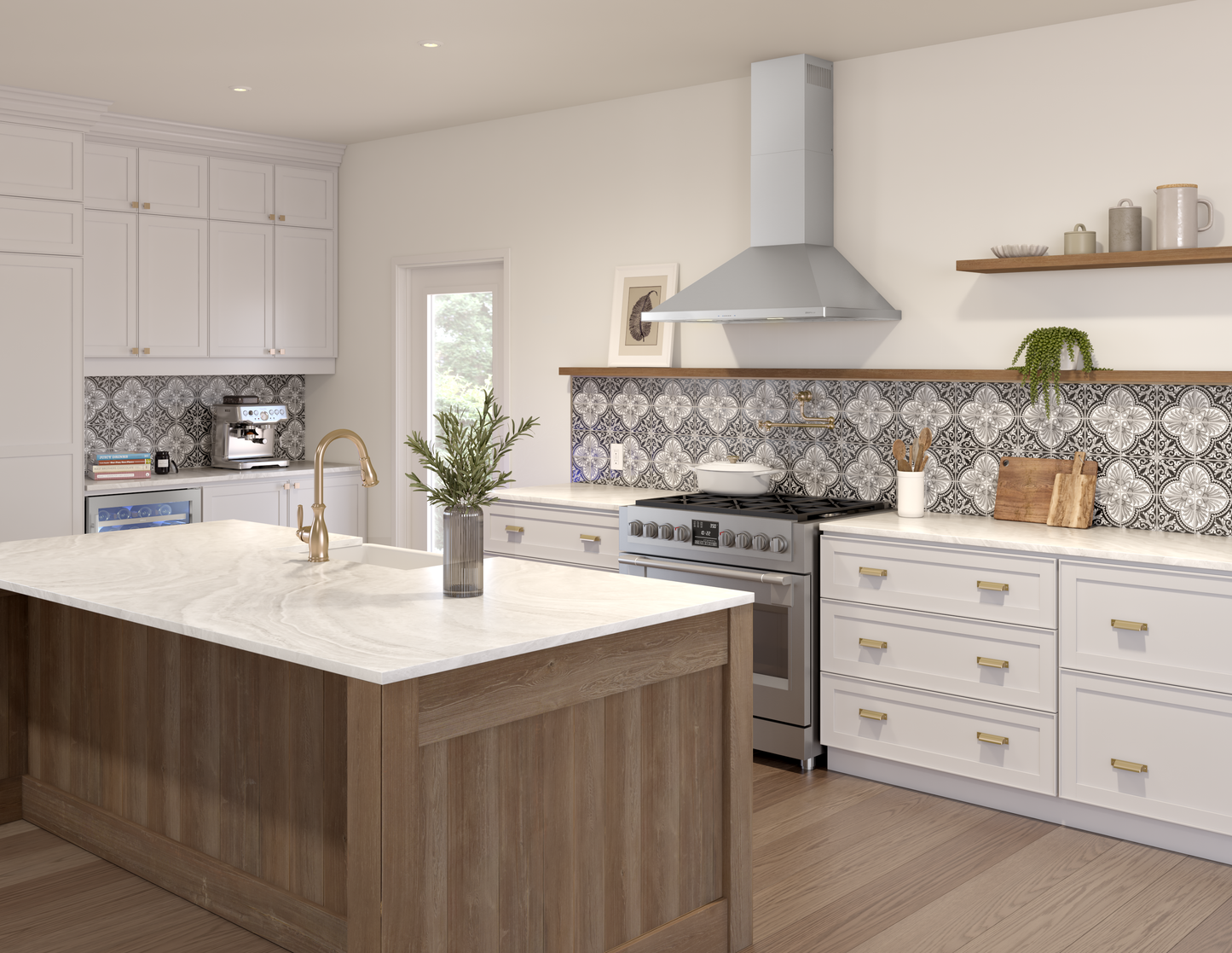 bright kitchen with patterned tile backsplash, white cabinetry, wood island, and stainless steel chimney hood over stove