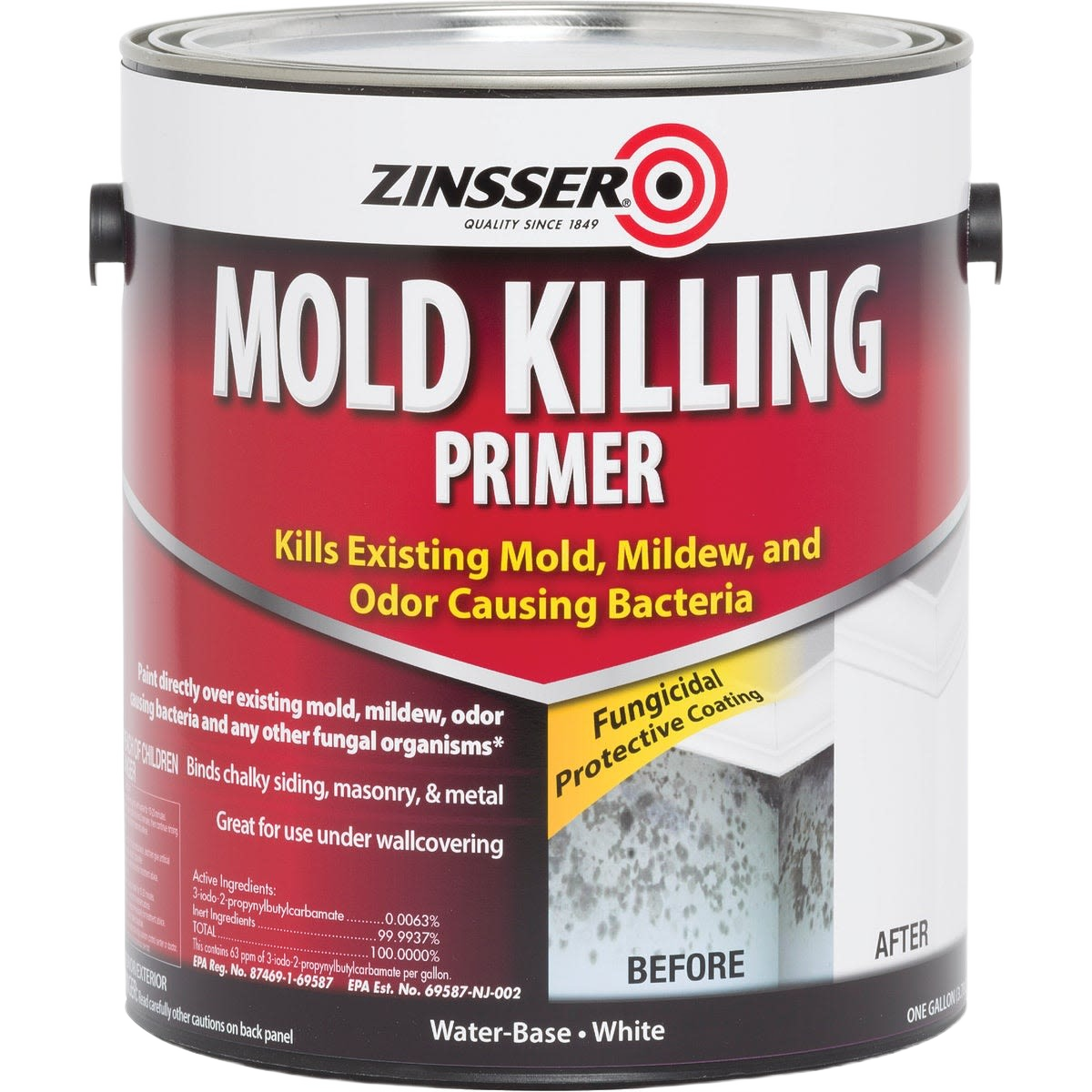 One gallon container of water-based mold killing primer for interior and exterior home improvement projects under $50