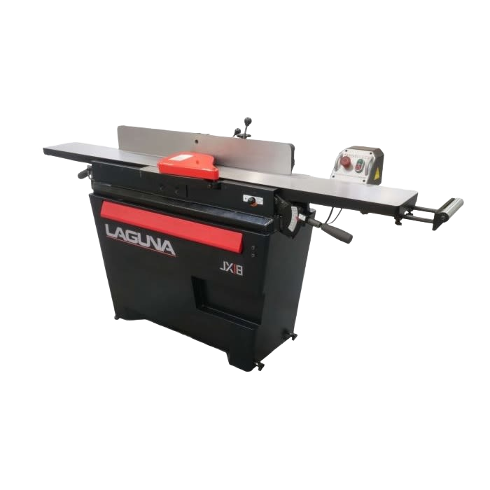 Black and red jointer machine with extended metal tables and control panel for woodworking and home improvement tasks