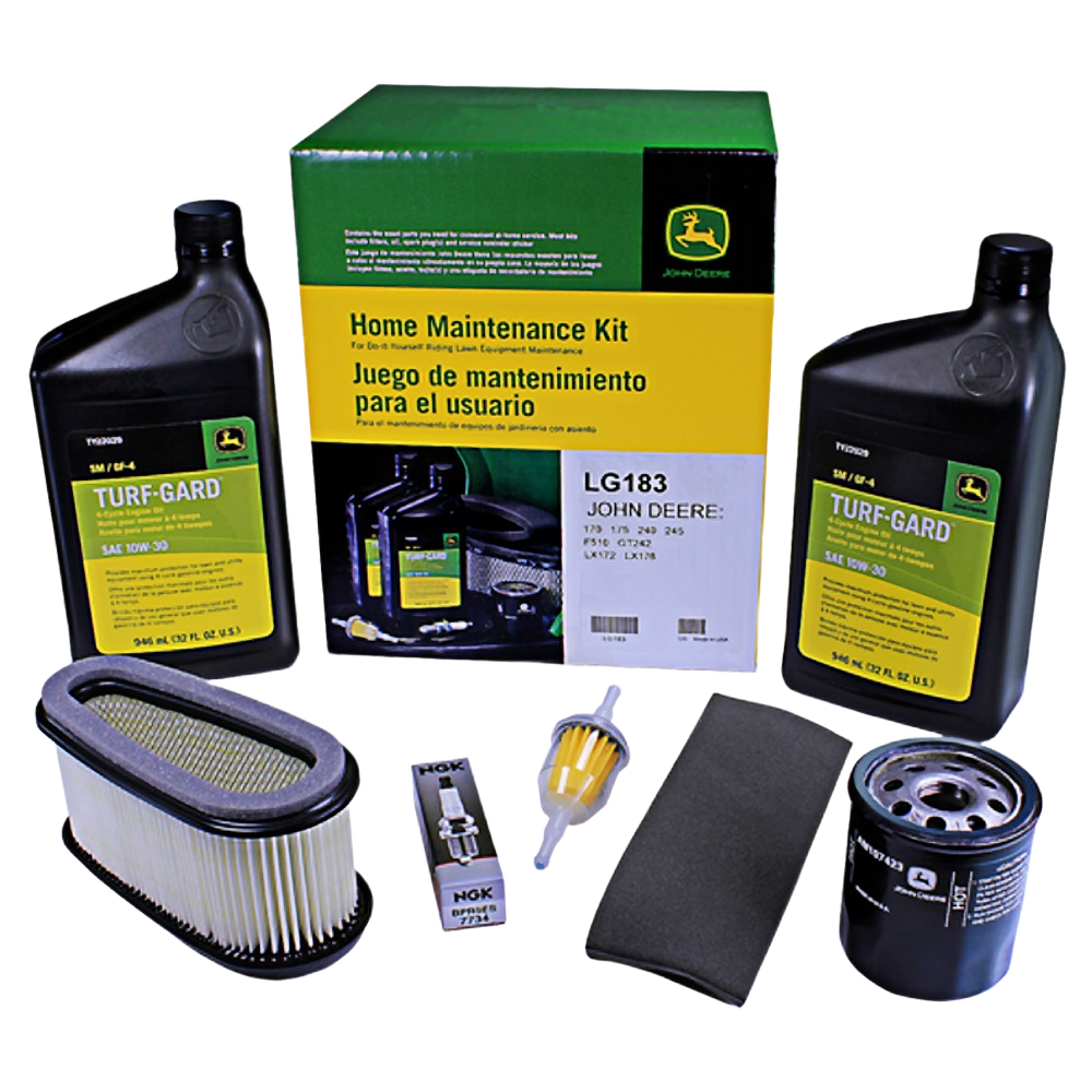 John Deere home maintenance kit including oil bottles, air filter, spark plug, fuel filter, foam filter, and oil filter for tools maintenance
