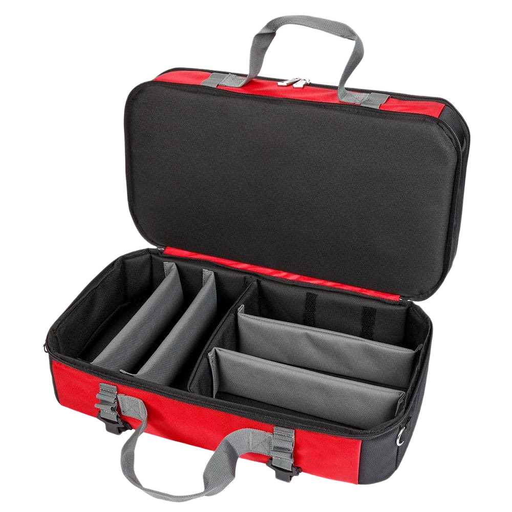 Red and black vacuum storage bag with adjustable padded compartments for woodworking and home improvement tools under $100