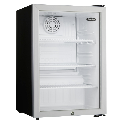 Compact commercial-rated mini refrigerator with glass door and white wire shelves for kitchen and appliance use