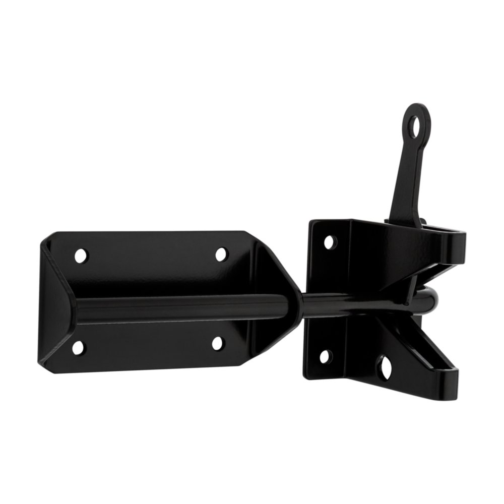 Heavy duty black gate latch with sleek finish for versatile right or left hand use in home improvement projects