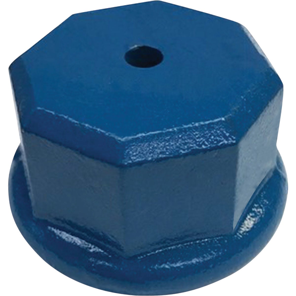 Blue octagonal metal drive cap with center hole for tools and home improvement use