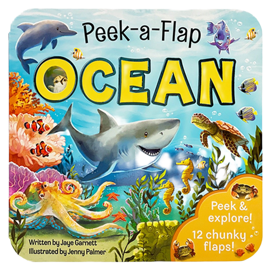 Colorful children's ocean-themed book cover featuring marine animals like shark, dolphin, turtle, and octopus with interactive flaps.