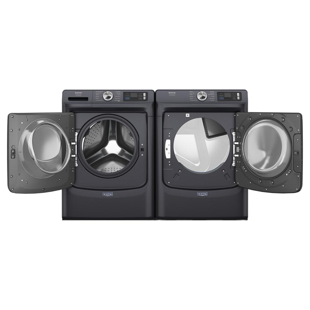 Black front load gas washer and dryer set with open doors, digital displays, and control knobs, part of Dryers, Gas Dryers, Appliances, and Washers & Dryers collections.