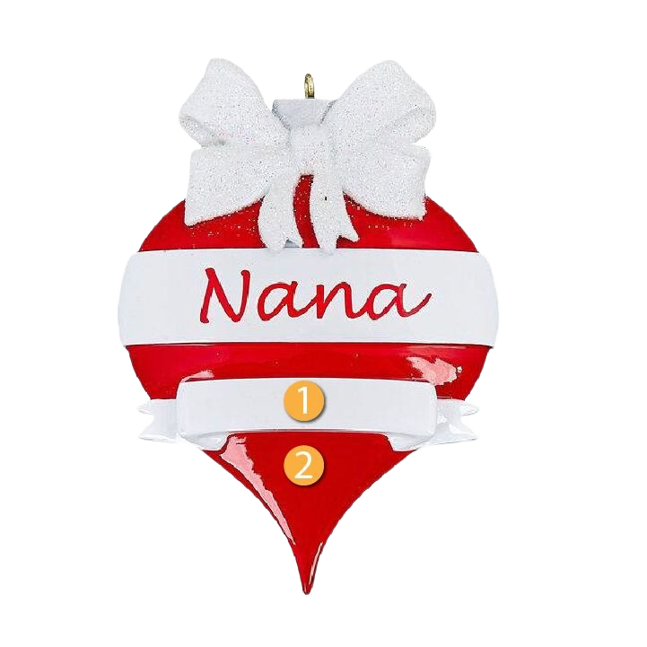 Red teardrop ornament with white bow and personalized "Nana" script from Christmas Ornaments & Tree Decorations collection