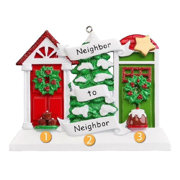 Festive neighbor-themed ornament with red and green doors, holiday wreaths, snowy tree, and "Neighbor to Neighbor" banner under $50 collection