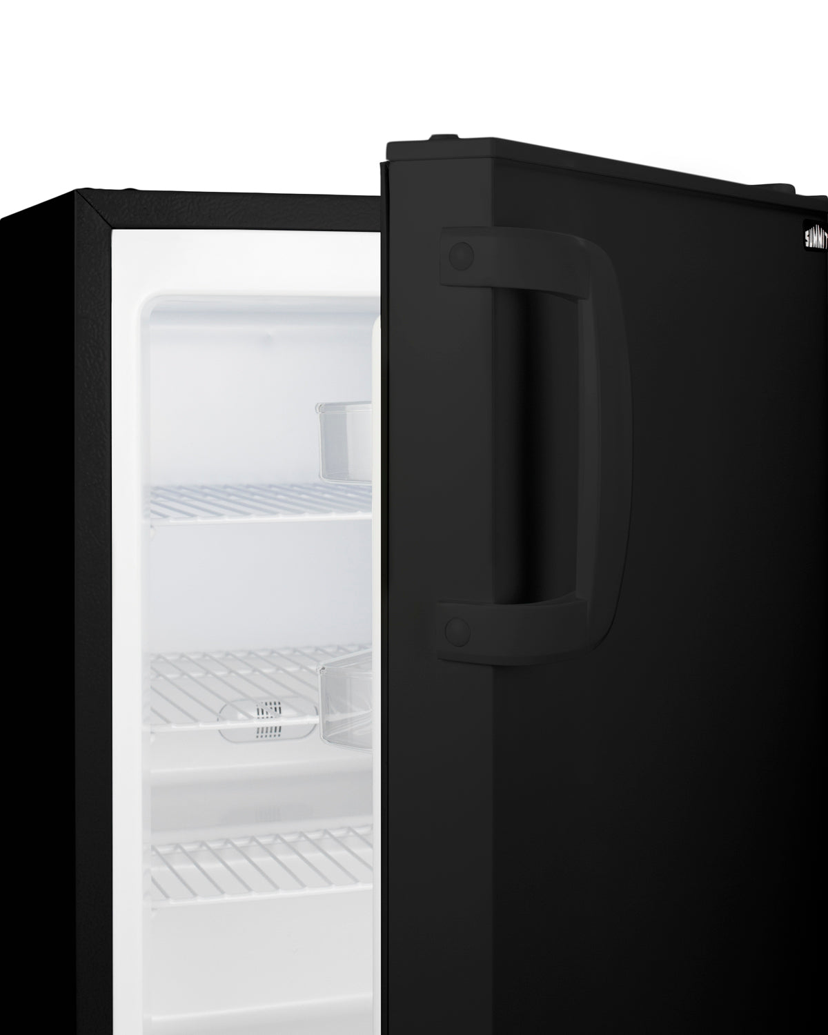 Black 20" wide built-in freezer with door partially open showing wire shelves, from Freezers & Ice Makers collection