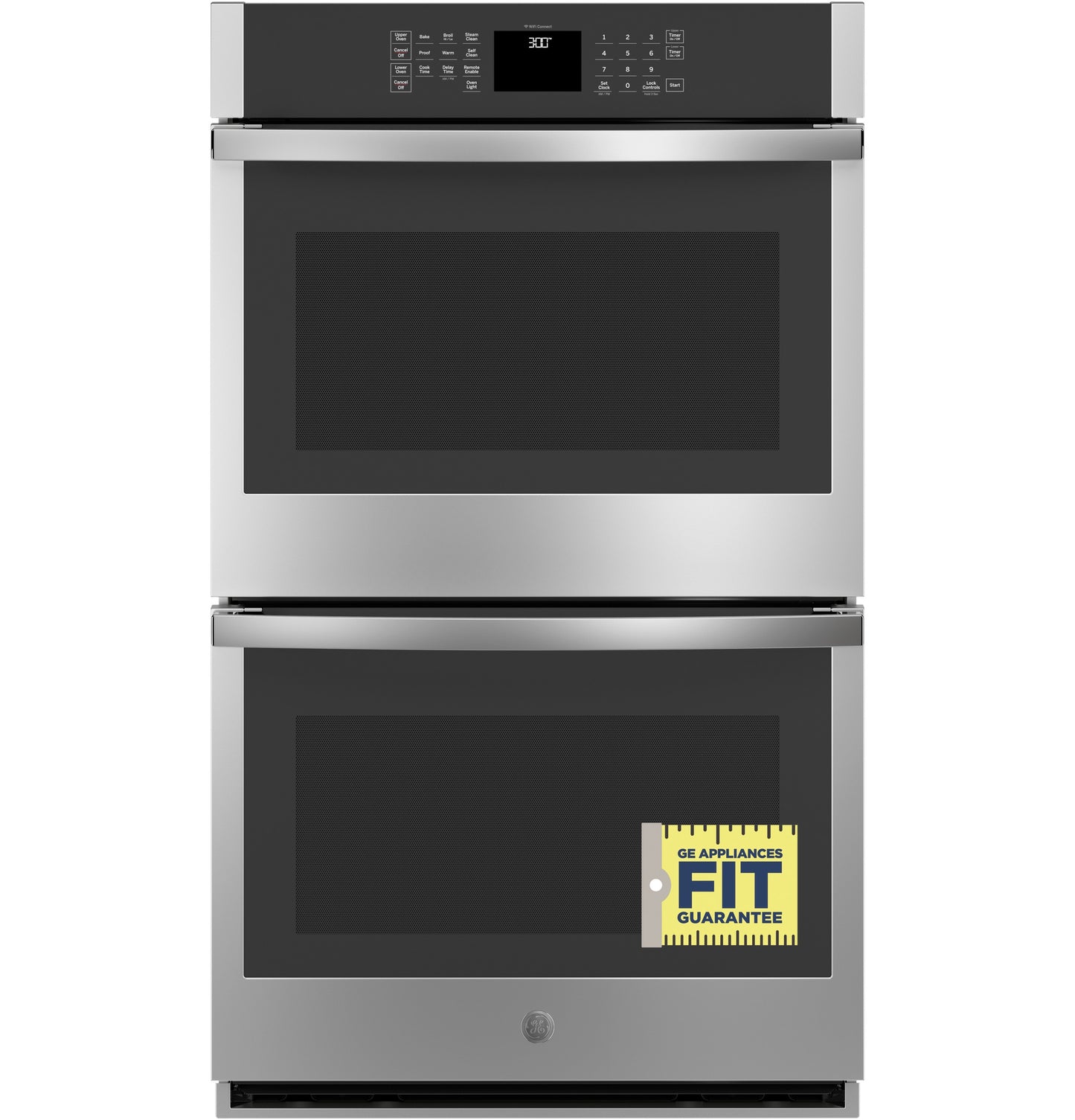 Stainless steel smart double wall oven with digital controls and large glass windows in kitchen appliance setting