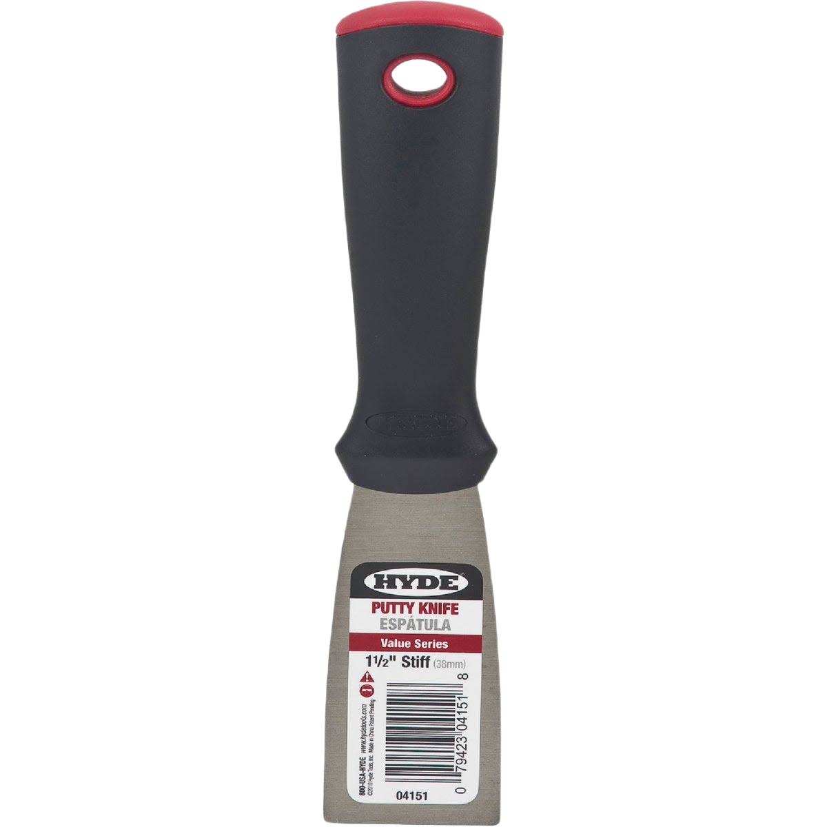 Putty knife with ergonomic black and red handle and 1-1/2 inch stiff high carbon steel blade for paint and home improvement tasks