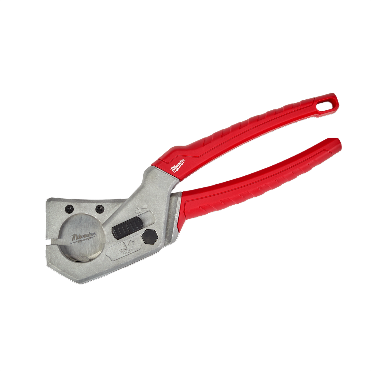 Red-handled tubing cutter with stainless steel blade for clean cuts on rubber and plastic tubes in plumbing tools collection