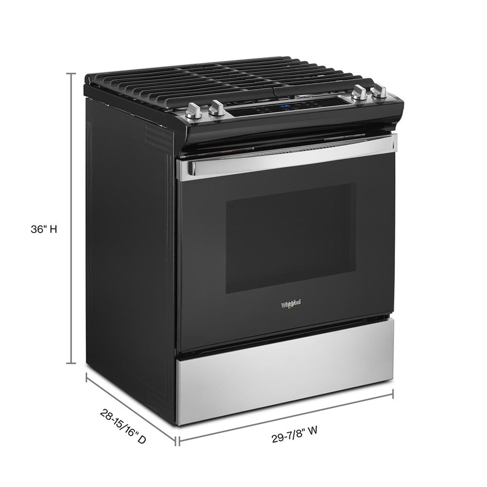 Freestanding black and stainless steel gas range with cast iron grates and digital controls from Ranges collection