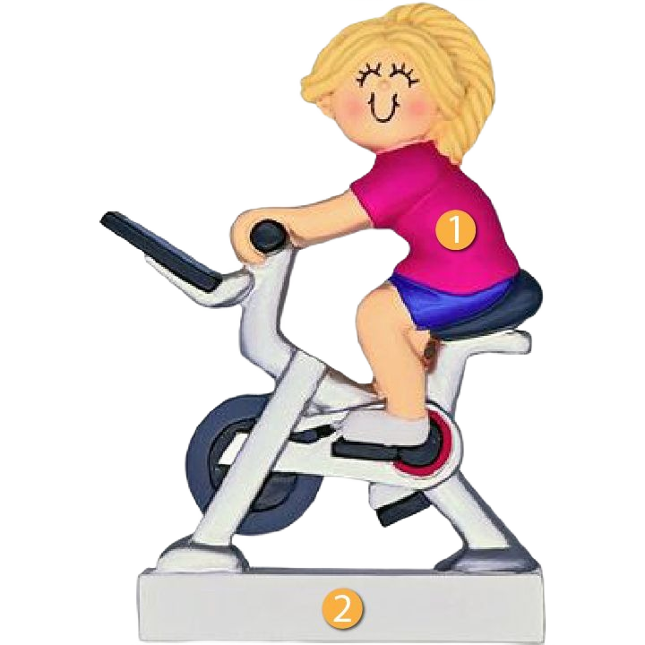 Blonde female figure pedaling white exercise bike ornament in Christmas Ornaments & Tree Decorations collection
