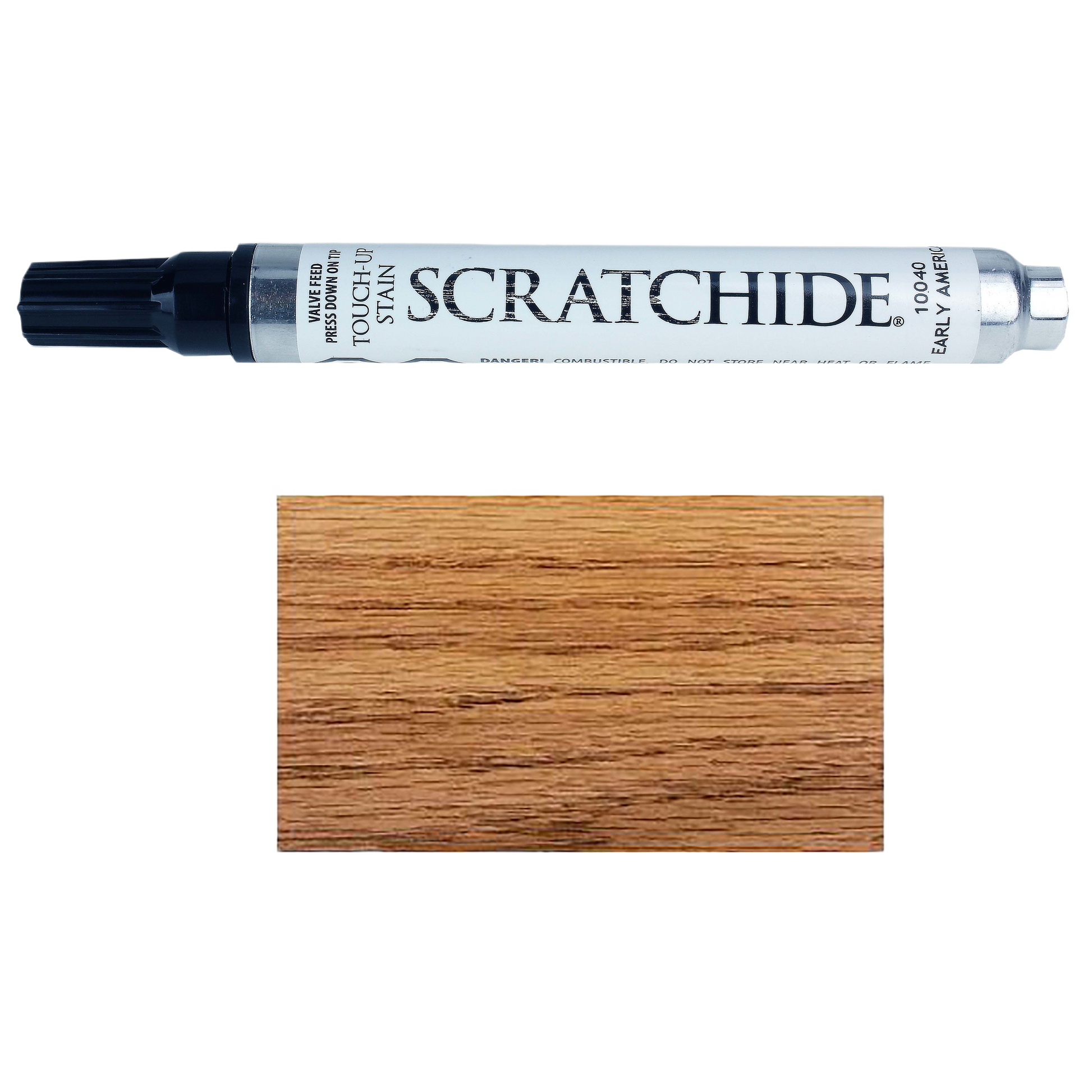 Touch-up pen for wood surfaces in early American stain color with black cap for home improvement use