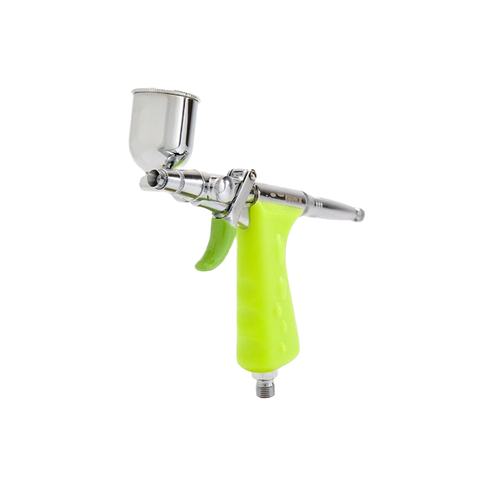 Pistol style side gravity airbrush with 0.3mm nozzle and bright green handle for precise paint spraying tools.