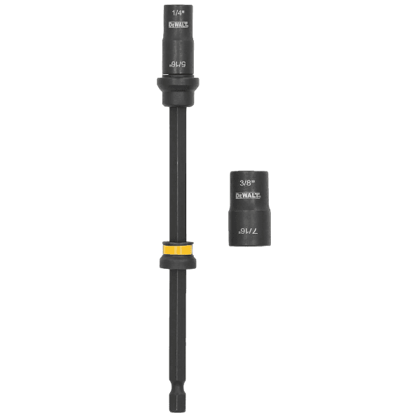 Two black DEWALT nut drivers with yellow accents including a dual-ended 6-inch driver and a 3/8-inch single driver for tools use