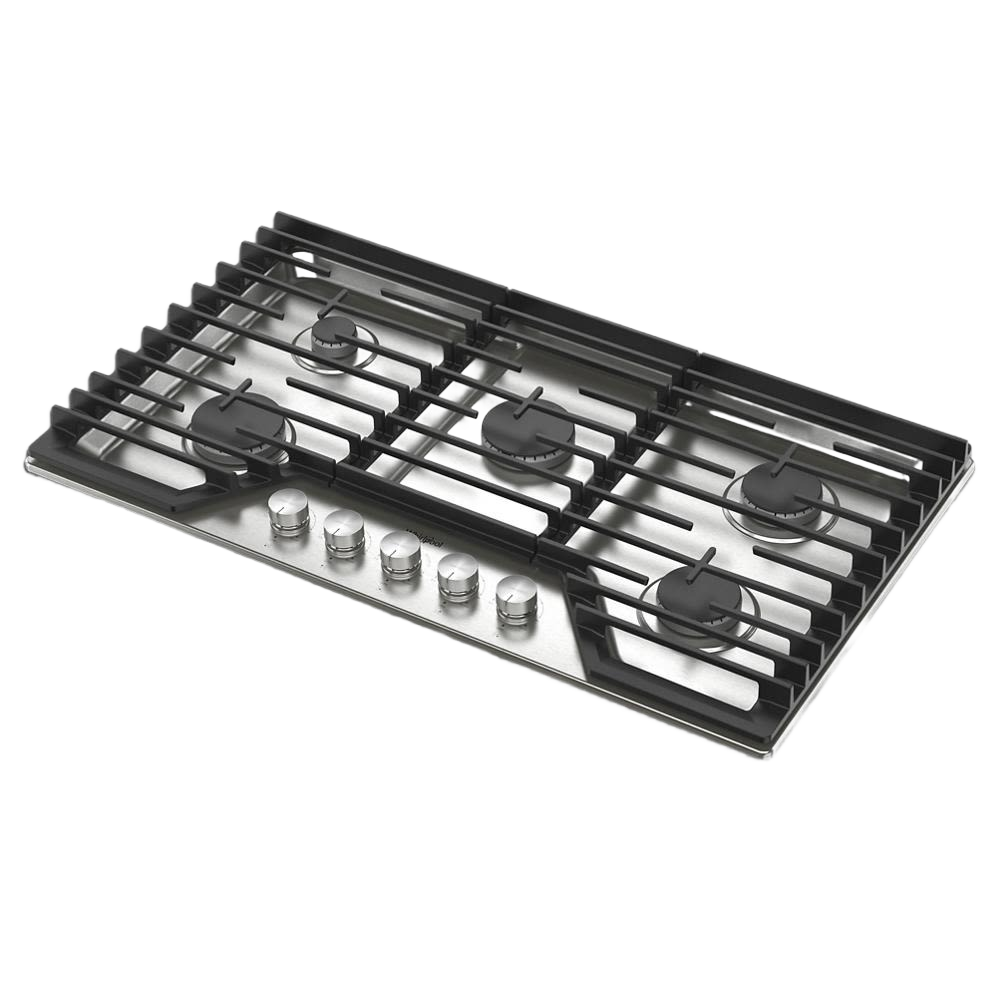 36-inch stainless steel gas cooktop with five burners and hinged cast-iron grates for kitchen appliances and home improvement