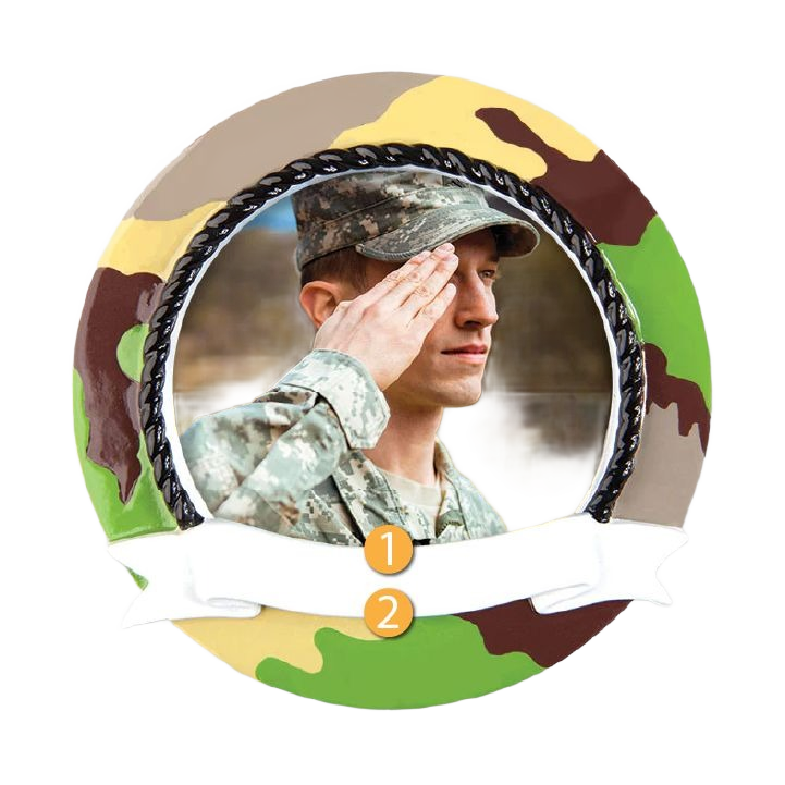 Round camo patterned military ornament with braided black frame and white banner for personalized Christmas tree decoration