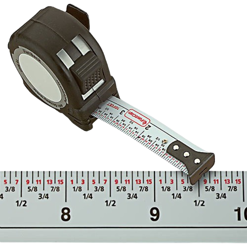 Black and white handheld tape measure with extended ruler marked in inches and fractions for woodworking and measuring tools collections