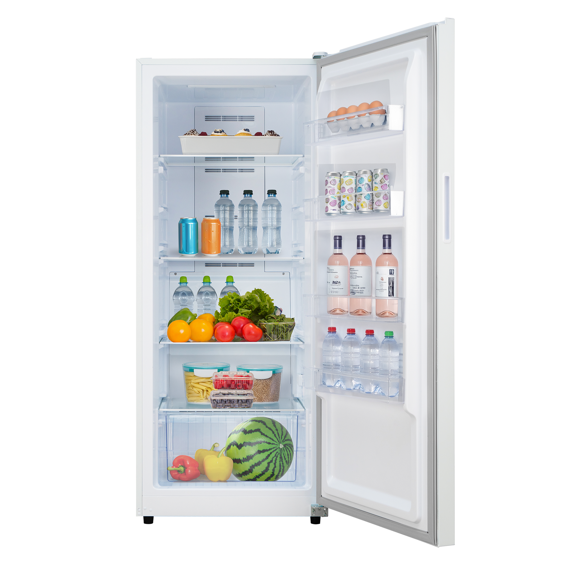 White upright convertible freezer and refrigerator open to show organized interior with beverages, produce, eggs, and clear storage bins, part of Refrigerators, Kitchen & Kitchenware, All Products, and Appliances at Hartville Hardware.
