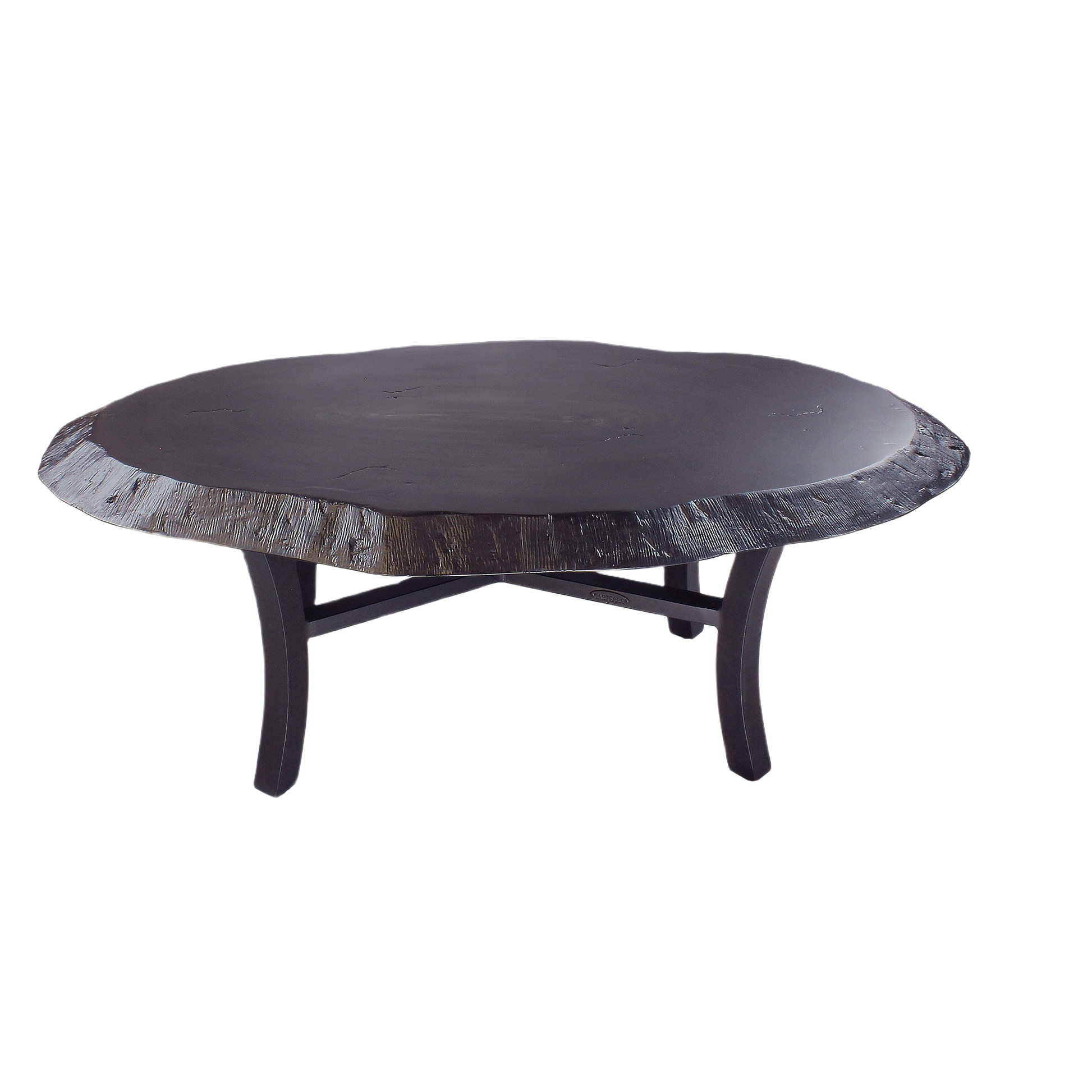 Dark wood coffee table with irregular live edge top and curved legs for rustic home decor and furniture use
