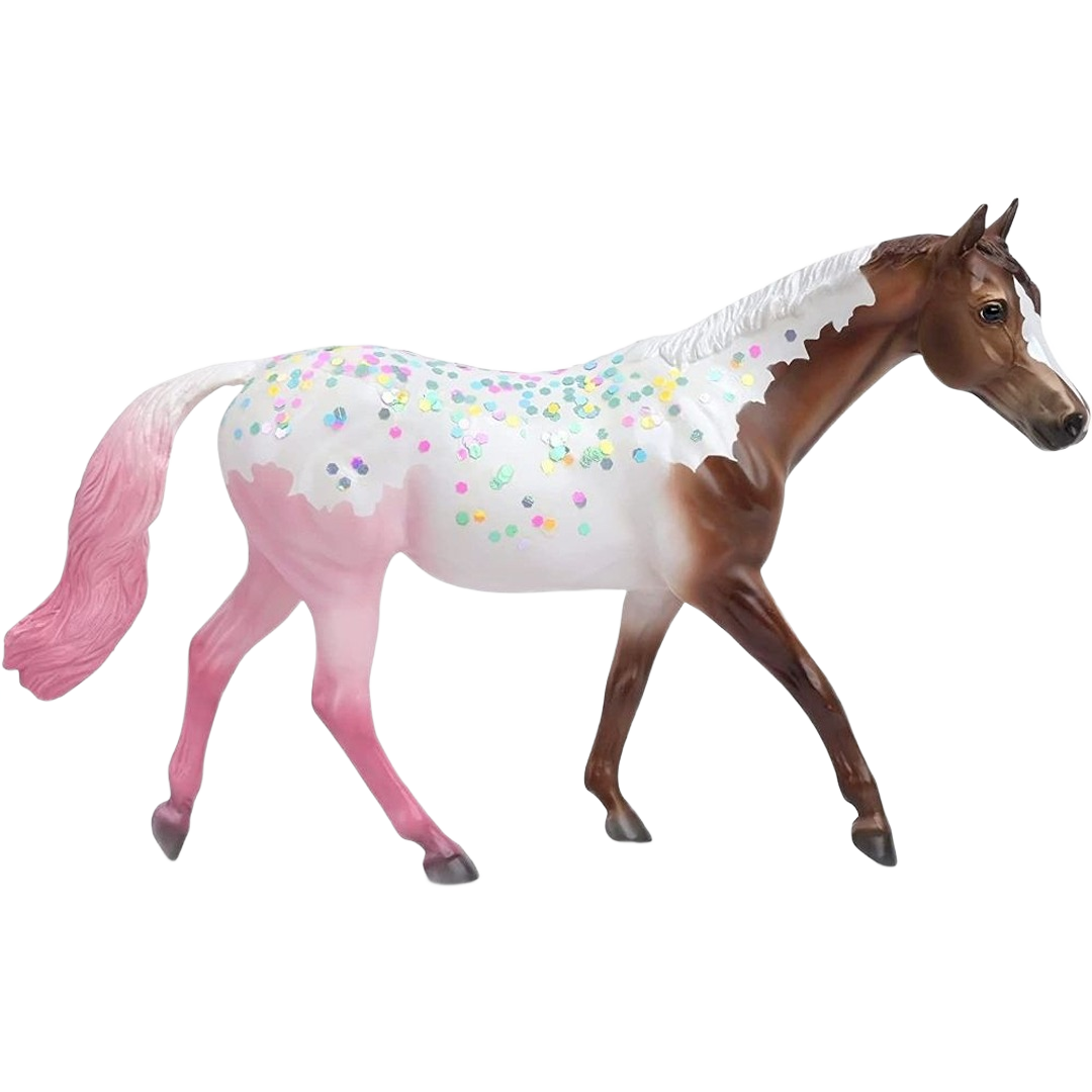 Decorative model horse with Neapolitan pattern featuring brown, white, and pink body with colorful confetti spots