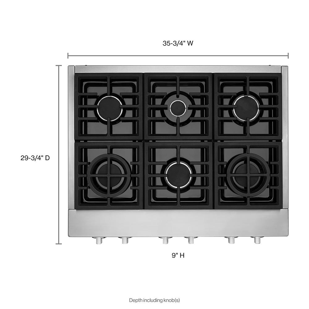 Top-down view of stainless steel 36-inch gas cooktop with six burners and cast iron grates from KitchenAid collection