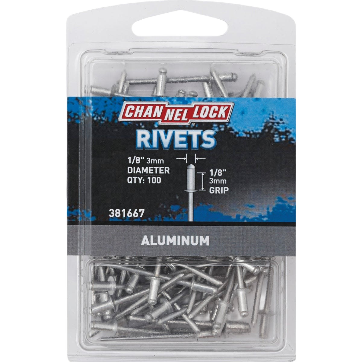 Package of aluminum 1/8 inch diameter grip rivets, 100 pieces for home improvement and tools projects