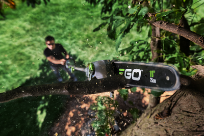 EGO POWER+ 10-inch cordless pole saw cutting a tree branch for outdoor home improvement tasks