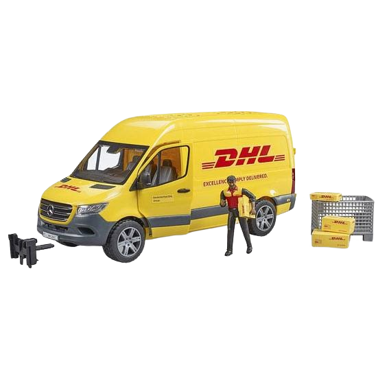 Yellow DHL delivery van toy with driver figure and removable cargo crates for Bruder Toys collections