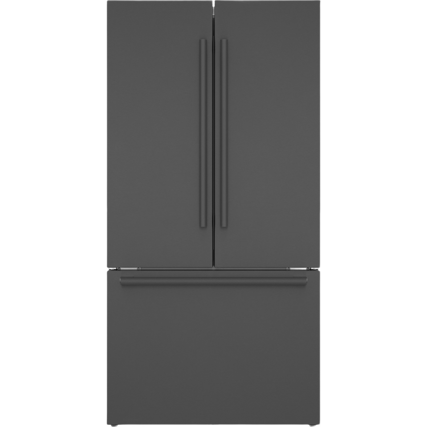 Freestanding black stainless steel French door refrigerator with bottom freezer drawer for Bosch appliance collections