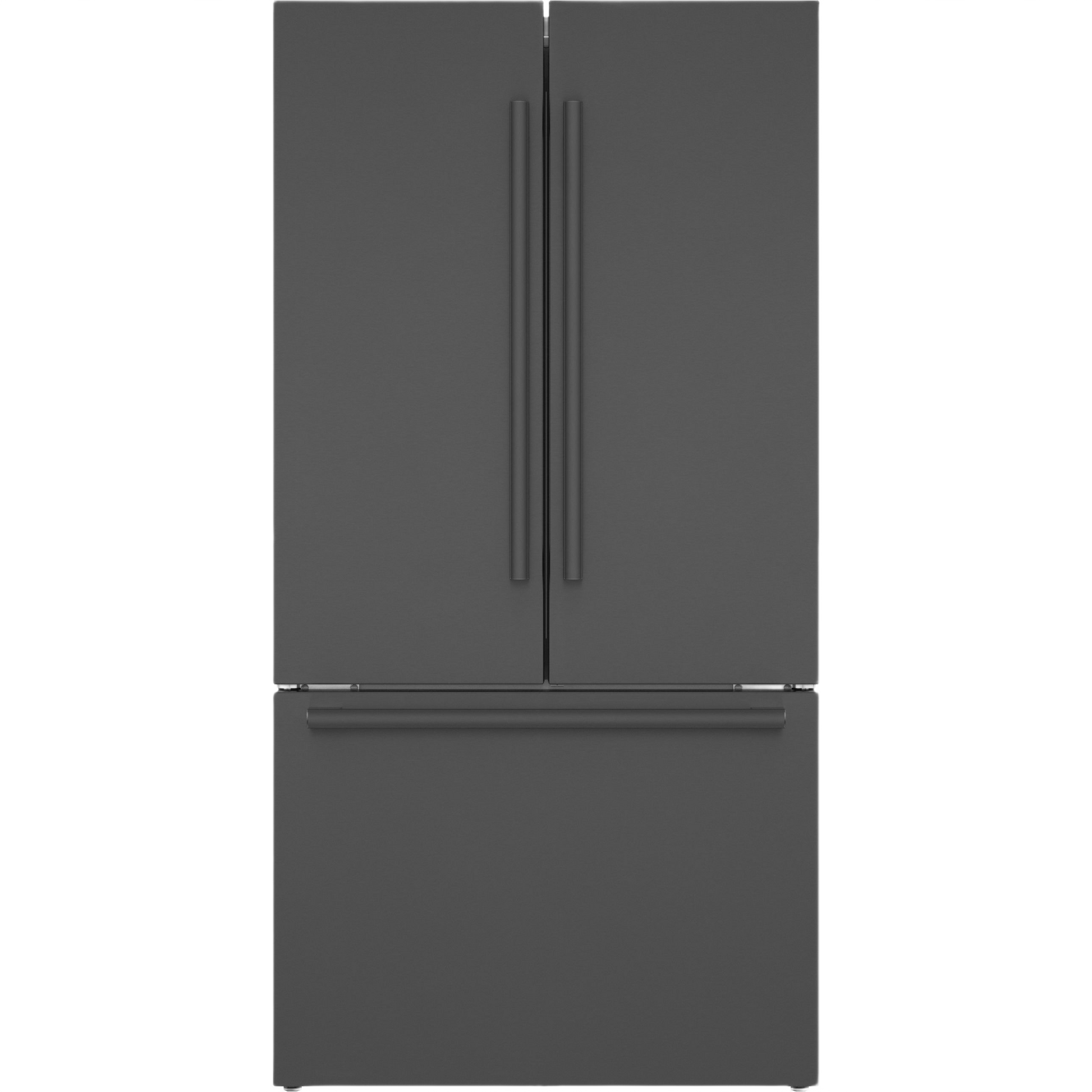 Freestanding black stainless steel French door refrigerator with bottom freezer drawer for Bosch appliance collections