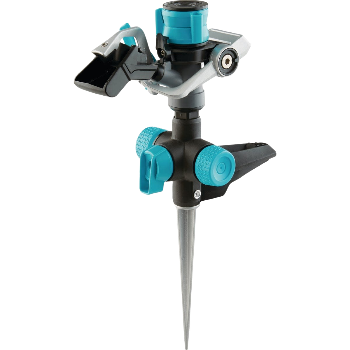 Black and blue plastic impact sprinkler with adjustable controls and on/off spike for lawn and garden irrigation use