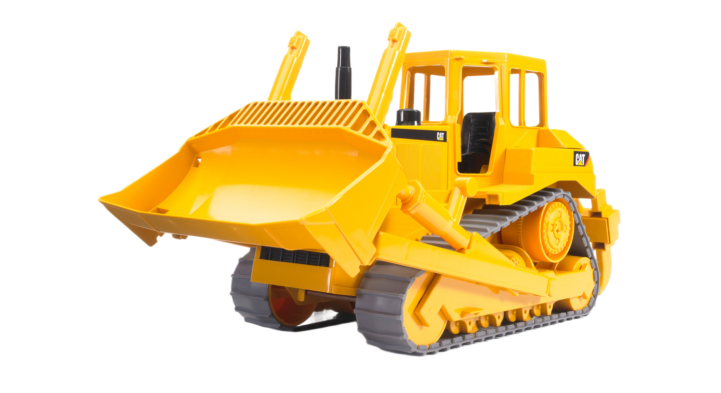 Yellow Bruder Caterpillar bulldozer toy with detailed tracks and large front scoop for realistic construction play