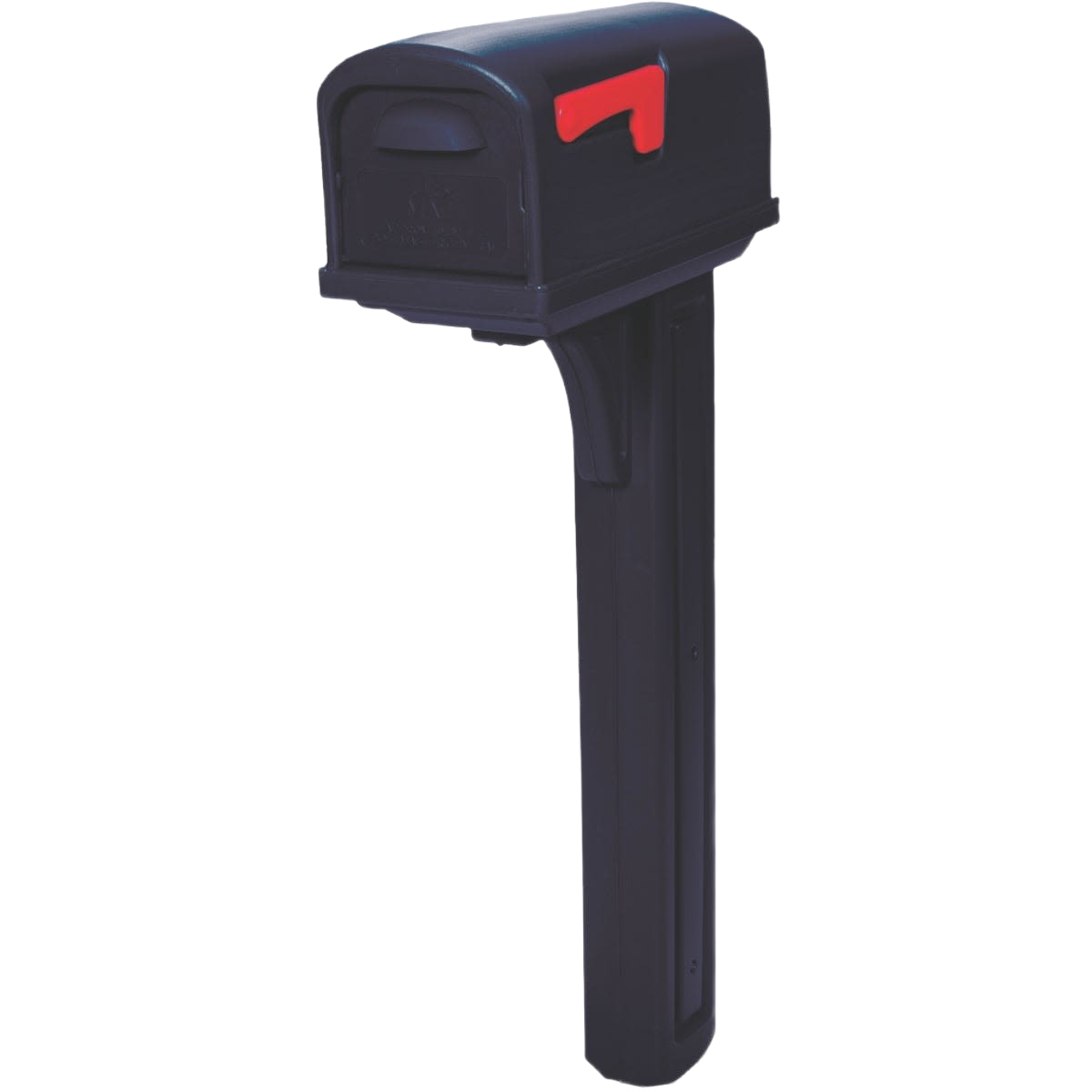 Black plastic mailbox with red flag mounted on a tall post for residential mail delivery and home improvement use