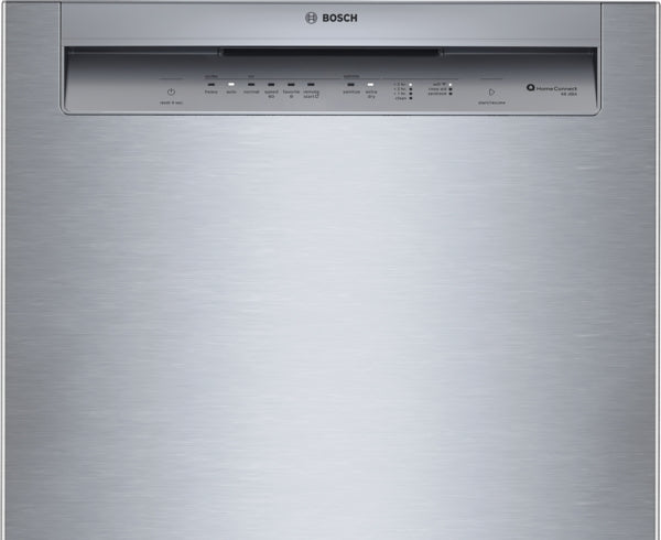 24-inch stainless steel dishwasher front panel with control buttons and Bosch branding from kitchen appliances collection