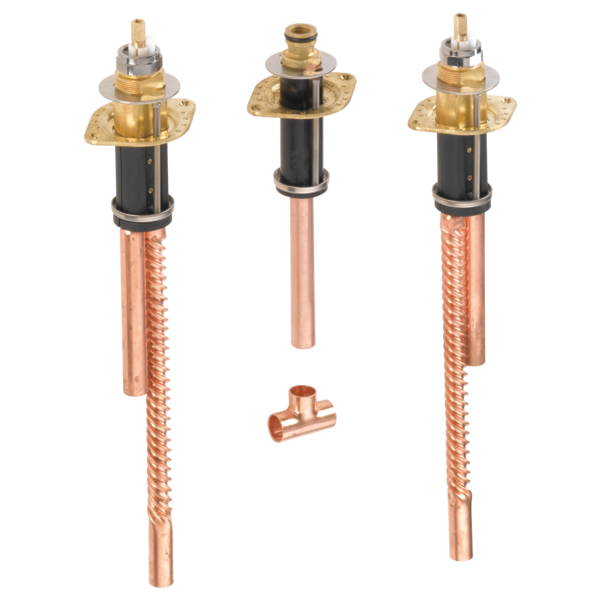Set of three brass and copper flexible mount valves with fittings for bathroom faucet installation and plumbing use