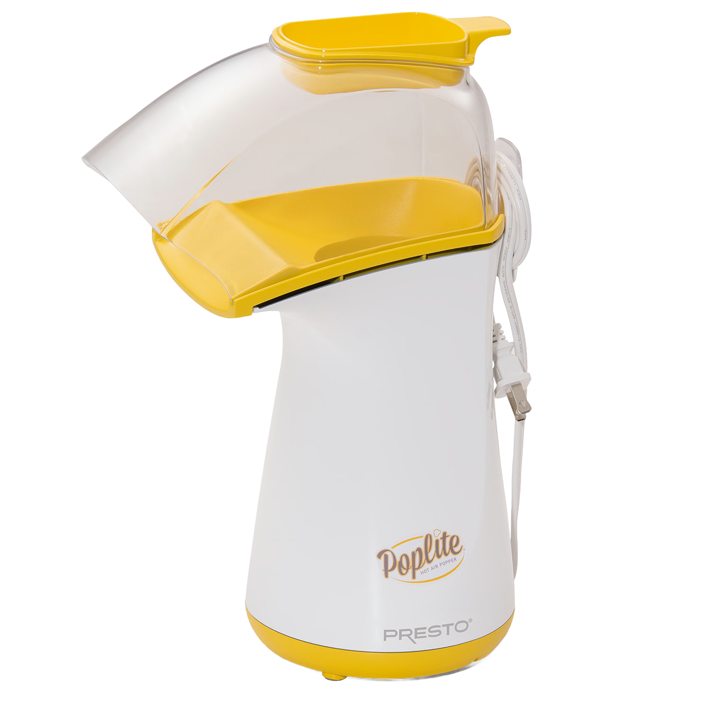 Compact white and yellow hot air popcorn popper with clear chute, part of small kitchen appliances and home kitchenware collections