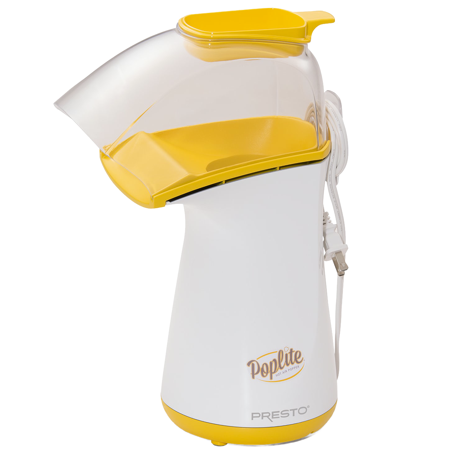 Compact white and yellow hot air popcorn popper with clear chute, part of small kitchen appliances and home kitchenware collections