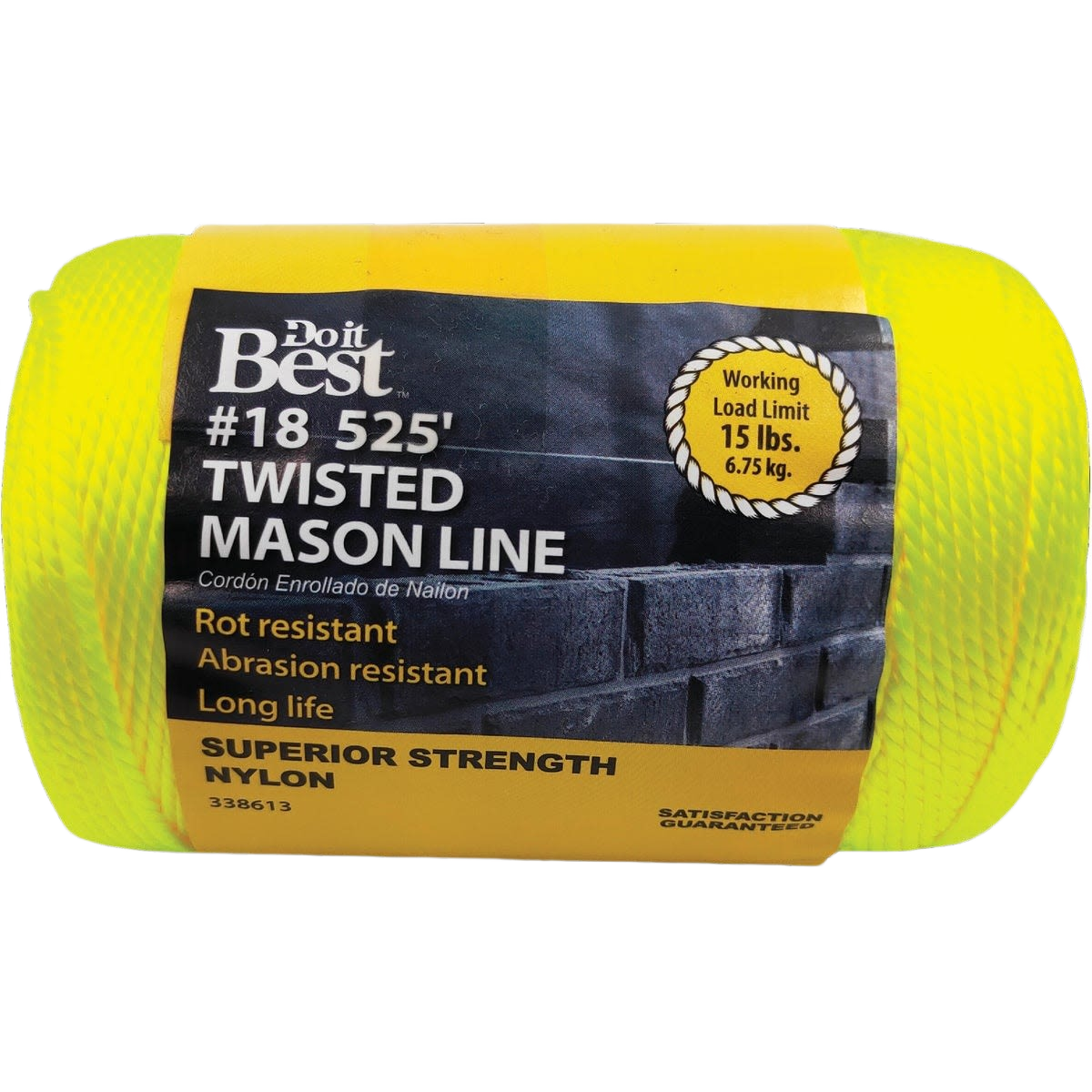 Fluorescent yellow twisted nylon mason line with label highlighting strength, rot and abrasion resistance for home improvement.