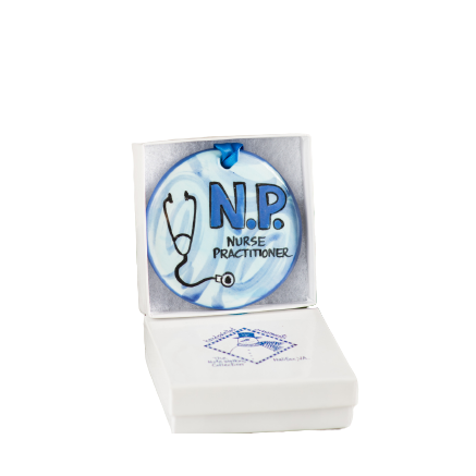 Hand-painted ceramic nurse practitioner ornament in blue with stethoscope in gift box from Christmas Ornaments collection under $50