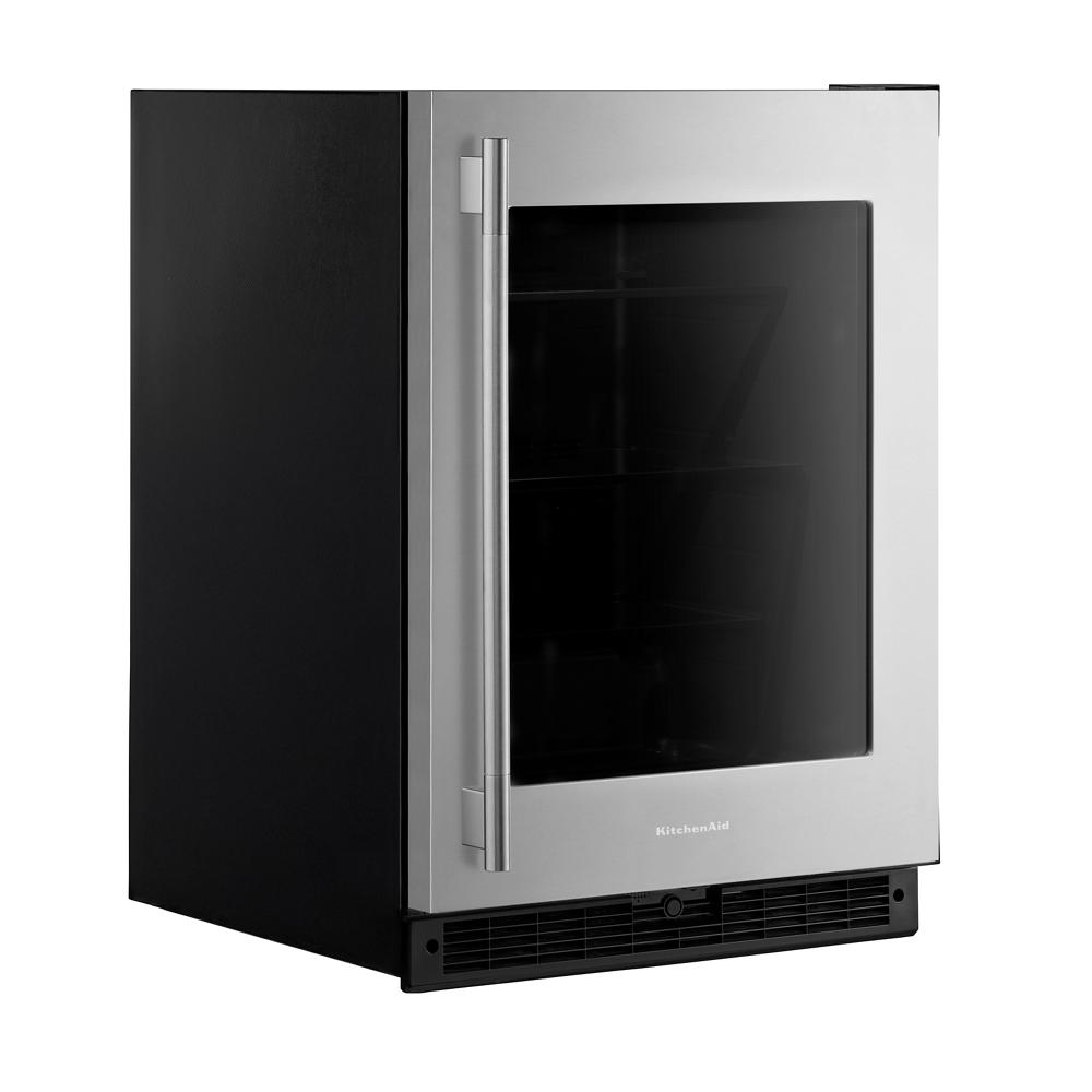 24-inch stainless steel undercounter refrigerator with glass door and interior shelving in KitchenAid Appliances at Hartville Hardware