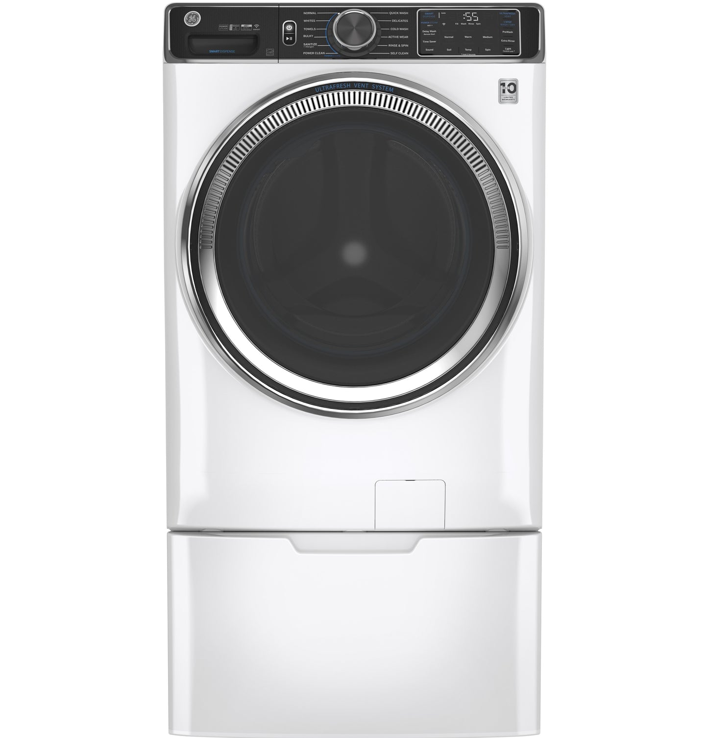 Front-loading white washing machine with digital control panel and matching pedestal for laundry appliances collection