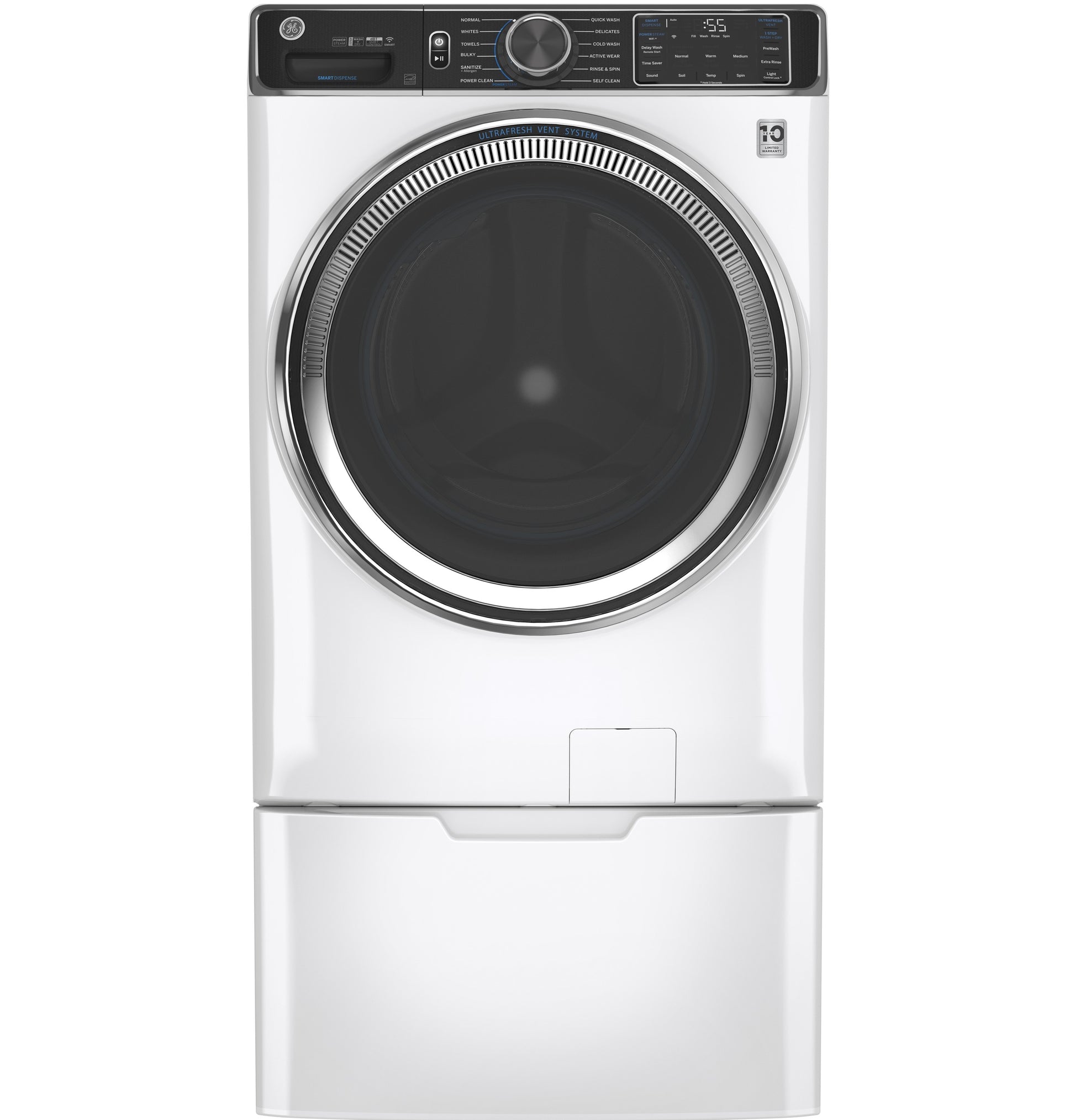 Front-loading white washing machine with digital control panel and matching pedestal for laundry appliances collection