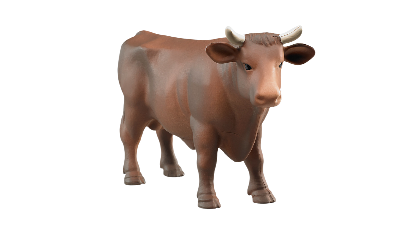 Brown plastic bull figure with white horns and lifelike detailing for collectible or display purposes