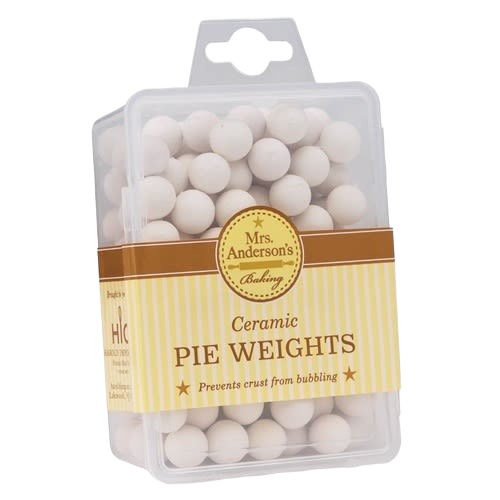 Clear plastic container filled with smooth white ceramic pie weights for bakeware in kitchenware collection under $50