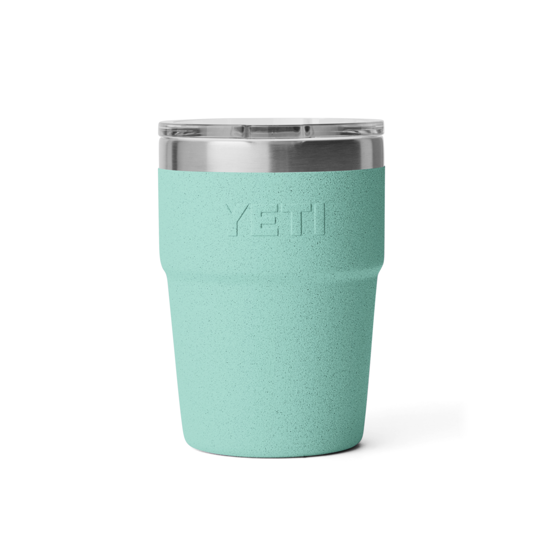 Matte light teal insulated 16 oz stackable cup with clear lid and stainless steel rim for drinkware collections