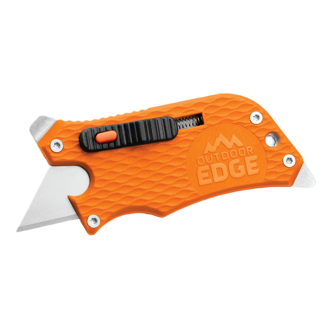 Compact orange utility knife with textured grip, retractable blade, and multi-tool features for cutting and woodworking tasks